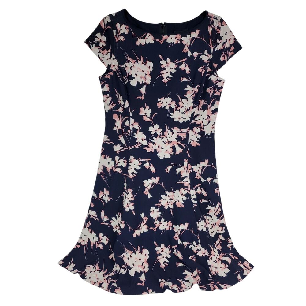 Tahari Women's Navy Blush Stretch Scuba Floral Fit & Flare Dress Size 10 New